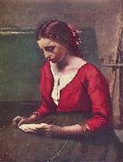 Jean-Baptiste-Camille Corot Lesendes Madchen in rotem Trikot oil painting